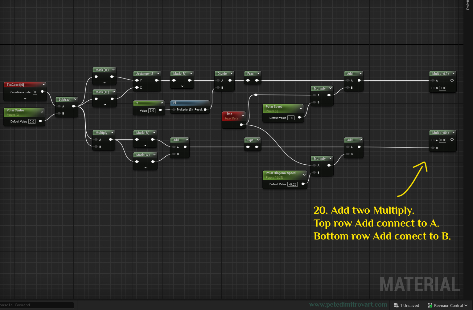 Shot showcasing adding two new multiply nodes at the end of each row. Then the previous Add nodes connect into the A and B of top and bottom multiply.