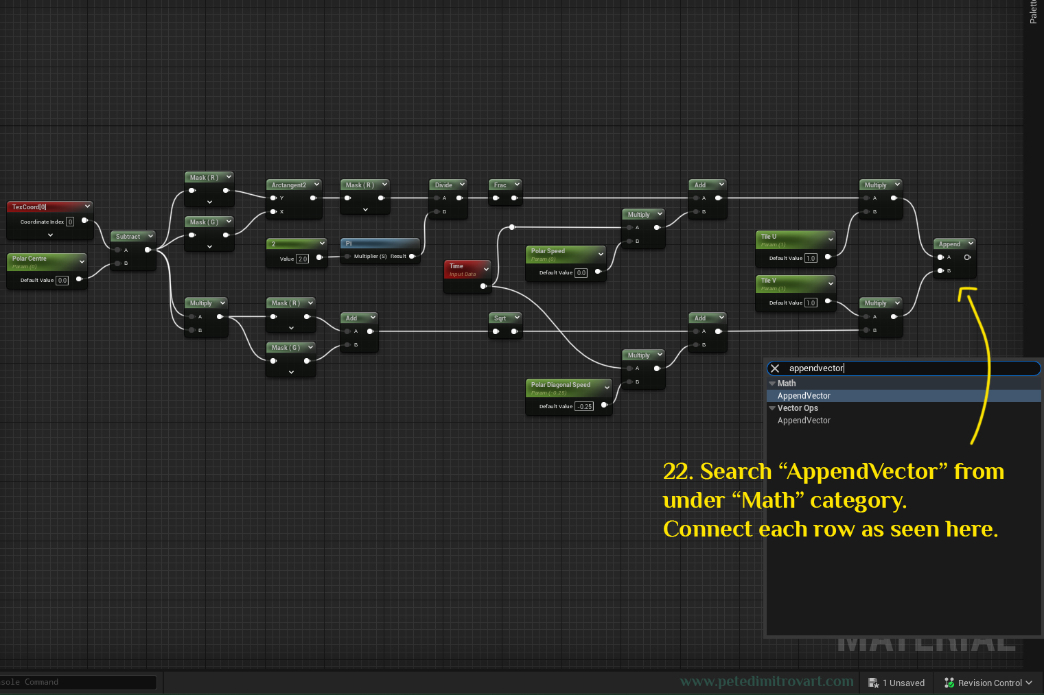 Screenshot where we search “AppendVector” and see it highlighted and show up in search under “Math”. We then add that node right after the previous two Multiply nodes from each row and add each into A and B of “Append”.