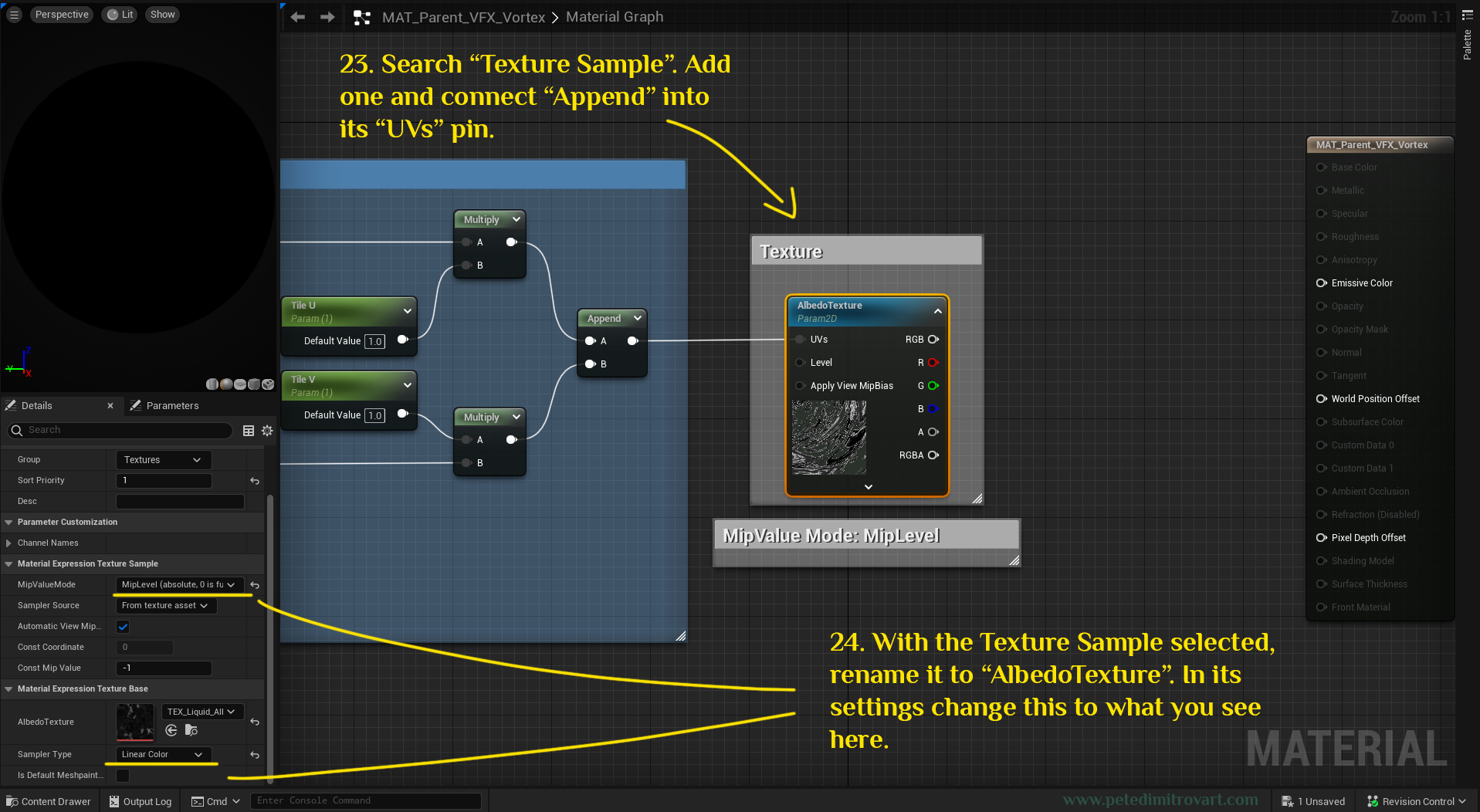Image showing the adding of a new Texture Sample node. It’s renamed to AlbedoTexture and the previous append node connects to its UVs. Then two settings for the texture sample node are pointed out and changed as described in the paragraph above.