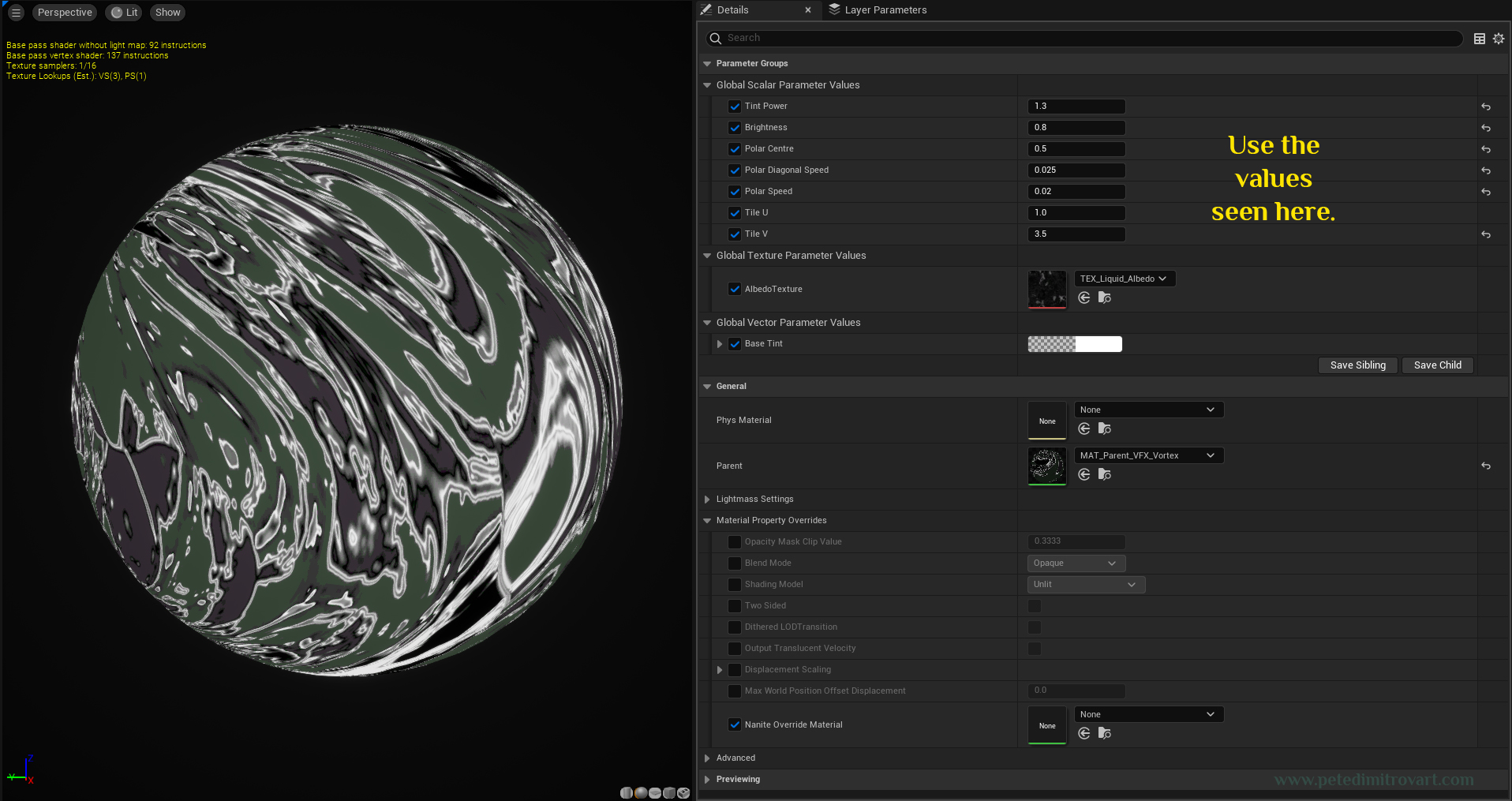 Screenshot of an open Material Instance window in Unreal 5. To the left is a preview of the texture, displayed on a ball. Looks like white, gray liquid spill. On the right are the Parameter Groups and all of the scalars, vectors and texture settings. Those are transcribed below.