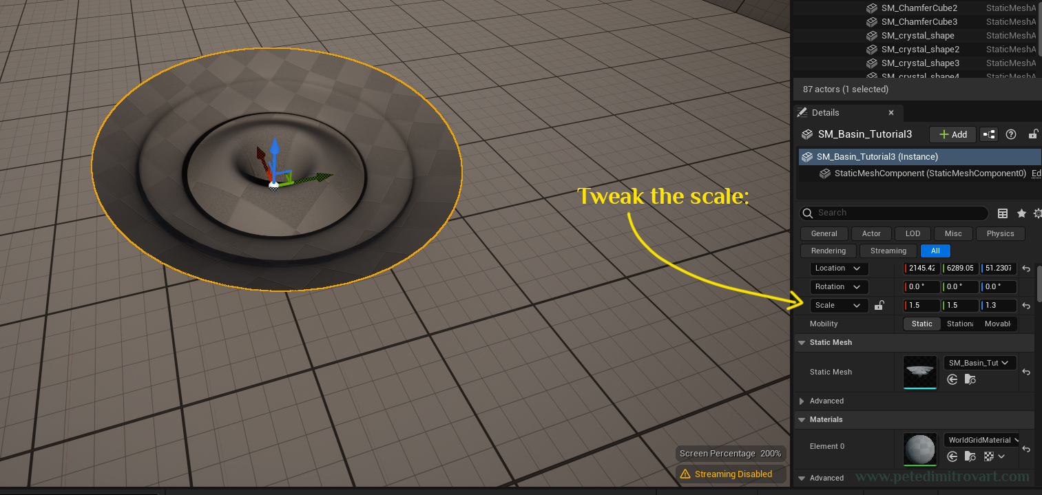 Opened Unreal 5 blank scene screenshot. The floor is seen in a checkerboard material. Above is placed a vortex VFX static mesh. Arrow points to its scale settings that are changed to X 1.5 Y 1.5 and Z 1.3.