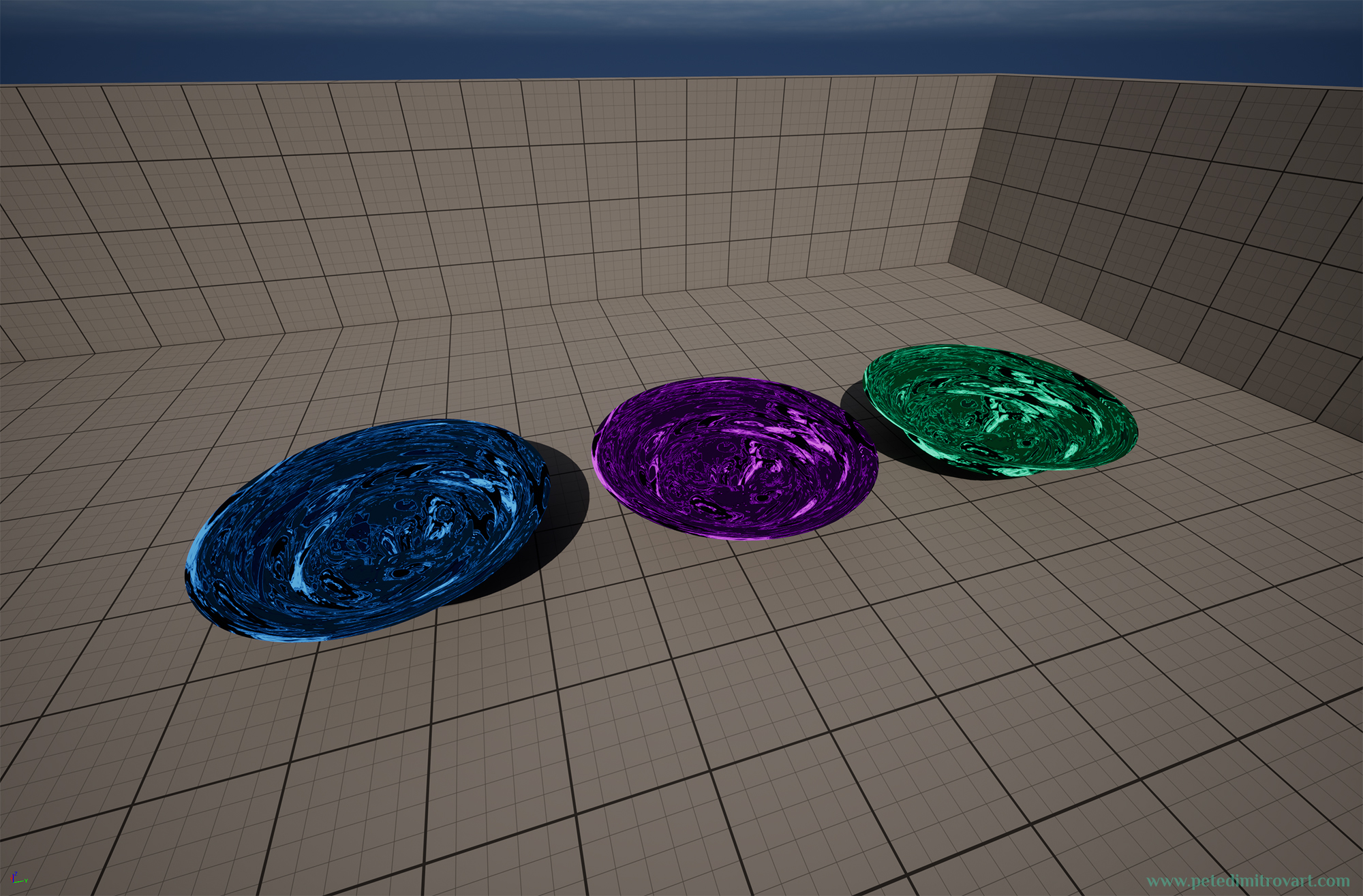 UE5 scene screenshot. Displays the end result of the color settings above. Three vortex basins sit onto a gray placeholder floor. They are blue, purple and green in color tint and have the liquid-metal patterns and distortion we are after.
