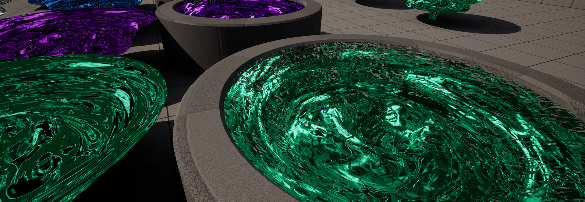 Unreal 5 screenshot where a close up of the different colored VFX vortex basins is seen. The one closest to the camera, the green one, is observed to have broken, cells like appearance. That is due to the refraction shader.