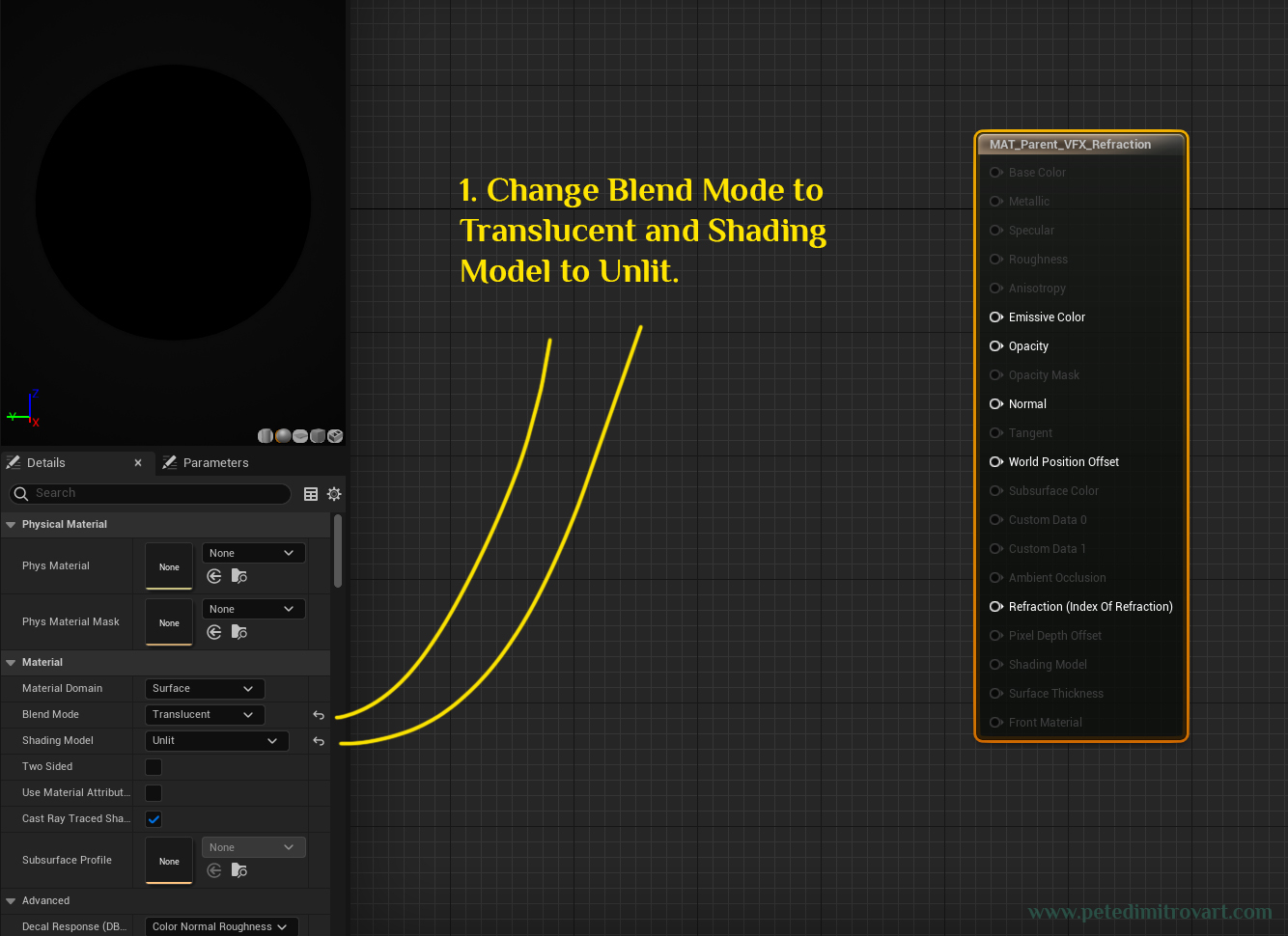 UE5 material graph screenshot. Shows the parent material open. On the left its settings are tweaked as described above.