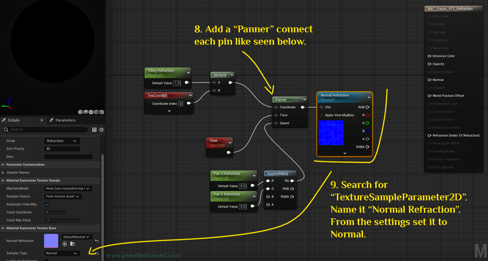 Screenshot showing adding a panner node that then connects into a “TextureSampleParameter2D” that is renamed to “Normal Refraction”.