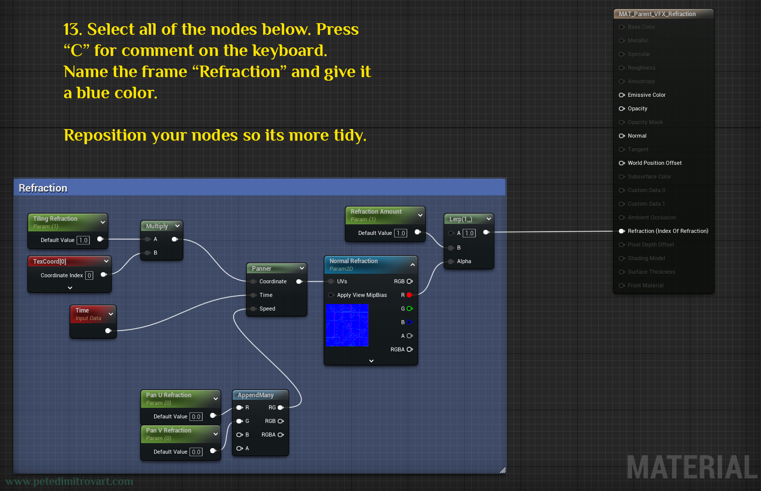 The nodes board seen tidied up with the nodes positioned better and all framed by a big, blue comment named “Refraction”. Its all connected into the Refraction final input pin of the material.