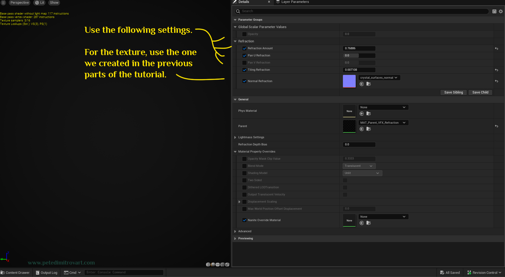 Image showing the “MAT_VFX_Refraction_Inst_A” open and its settings being tweaked. Those are transcribed in the paragraph below the image.