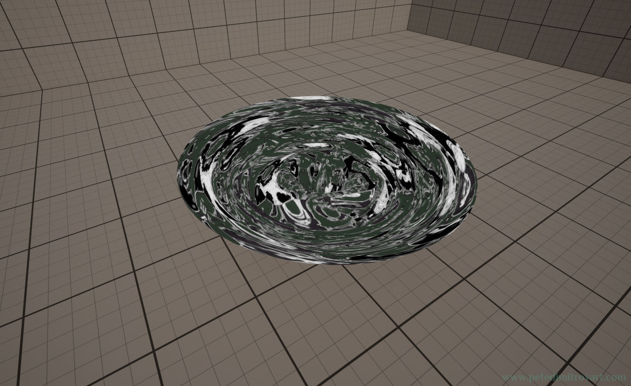 UE5 scene screenshot. Shows a floor lit in daylight. Has placeholder checkerboard material. On top is a vortex basin static mesh. It has the liquid appearance but the texture is not tinted yet - its black, white and gray.