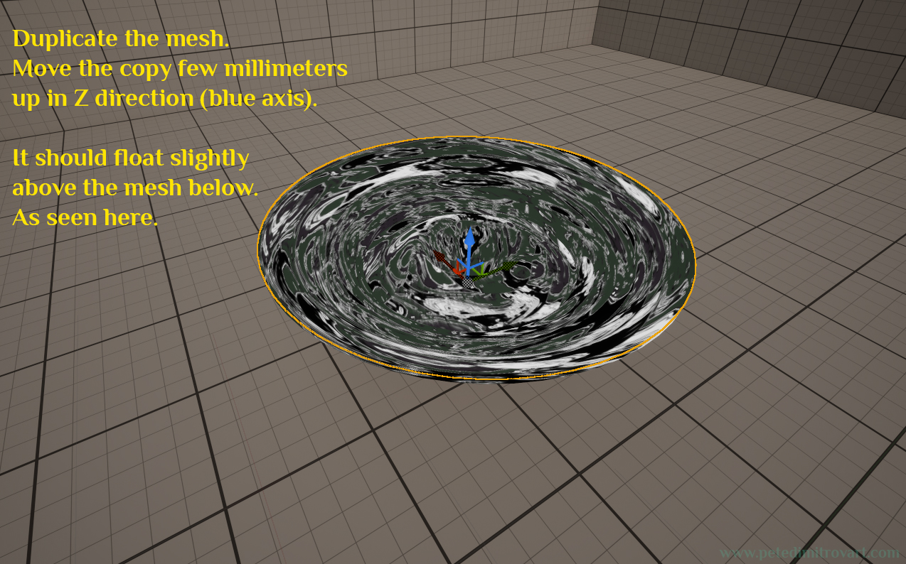 Screenshot similar to the previous one. A new copy of the basin static mesh is created and selected. It is seen floating a few millimeters up in Z space.
