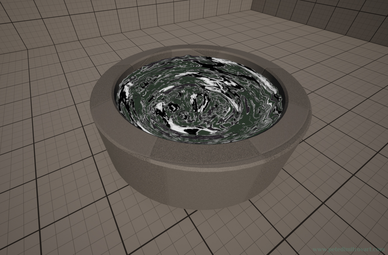 UE5 screenshot like before but now the VFX liquid basin, the refraction copy on top too, are framed through a gray, hollow, cylinder.