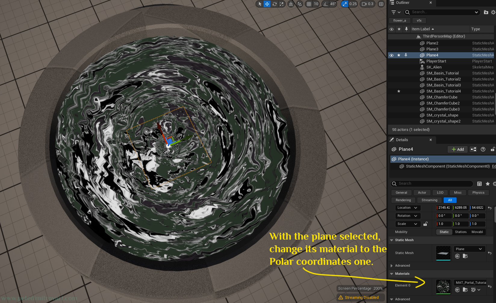 The same plane as seen before, is now selected and its material is changed to use the Polar Coordinates colored one. This hides the imperfection that we were getting and the UV distortion.