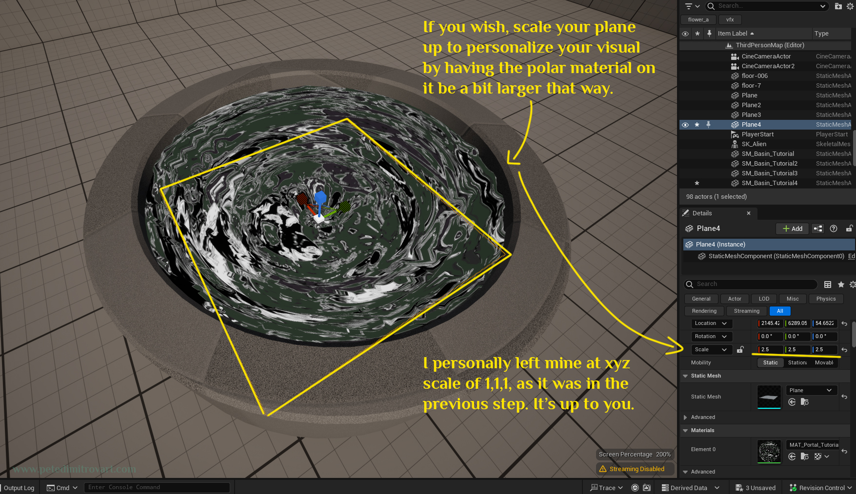 Screenshot showing a secondary, optional step, where the plane has been selected and scaled up uniformly on x,y,z axis to be 2.5,2.5,2.5. Yellow text is transcribed in the paragraph above.