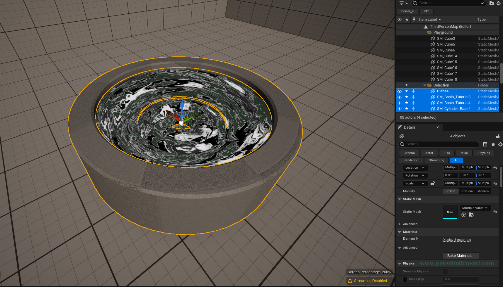 Unreal 5 screenshot of a scene. Four static meshes - plane, two vfx vortex basins and a cylinder are selected. That can be seen in the Hierarchy view on the right of the screen, where the pieces are selected in blue highlighter.