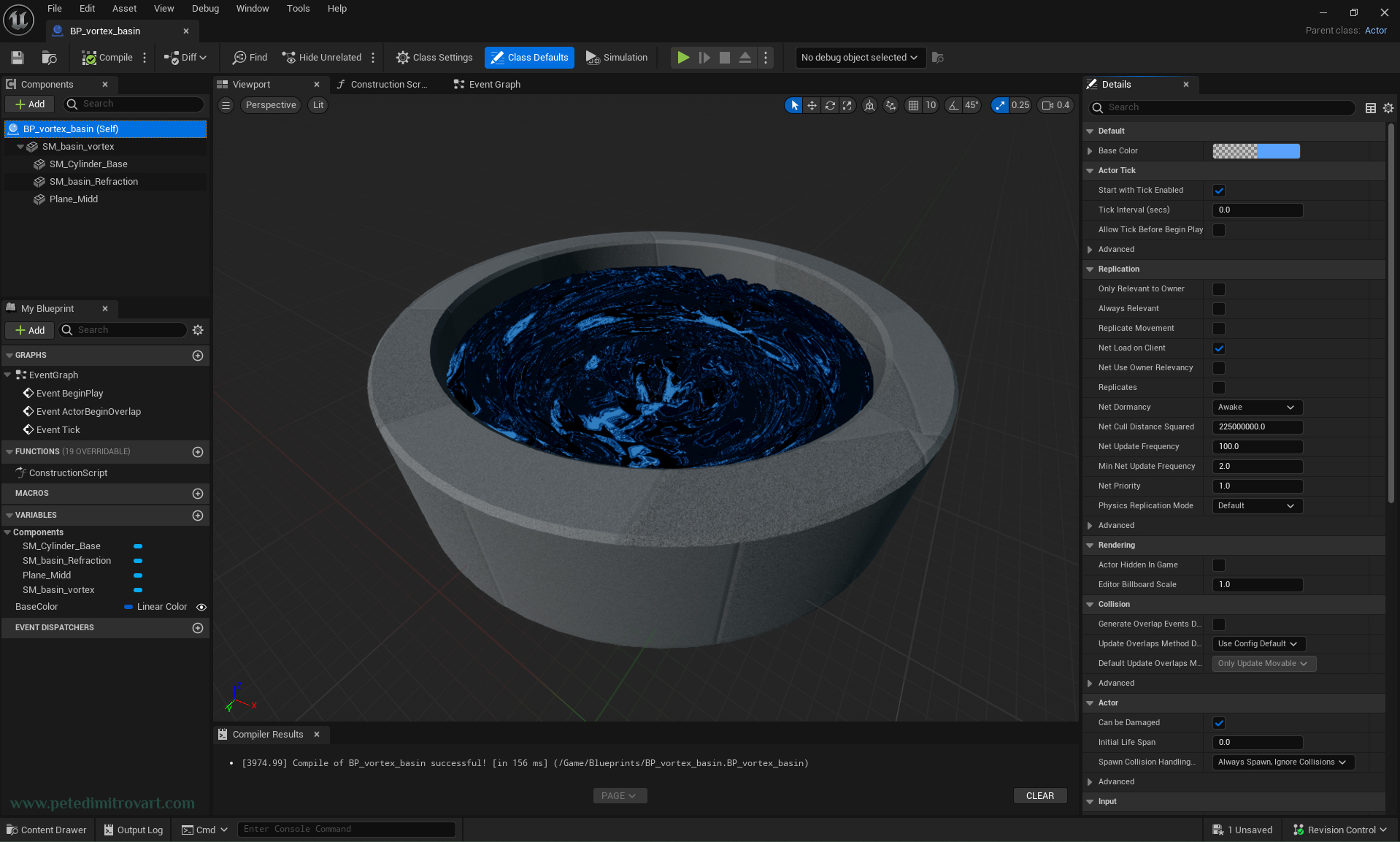 Unreal 5 blueprint actor inspection screen image. In the middle, in the 3D viewport, we can see the VFX basin meshes. If we look at the left side of the screen, we can see all 4 static meshes are listed. If we look at the right side, we will see a “Base Color” tinted in blue. That controls the color per actor instance basis, dynamically.