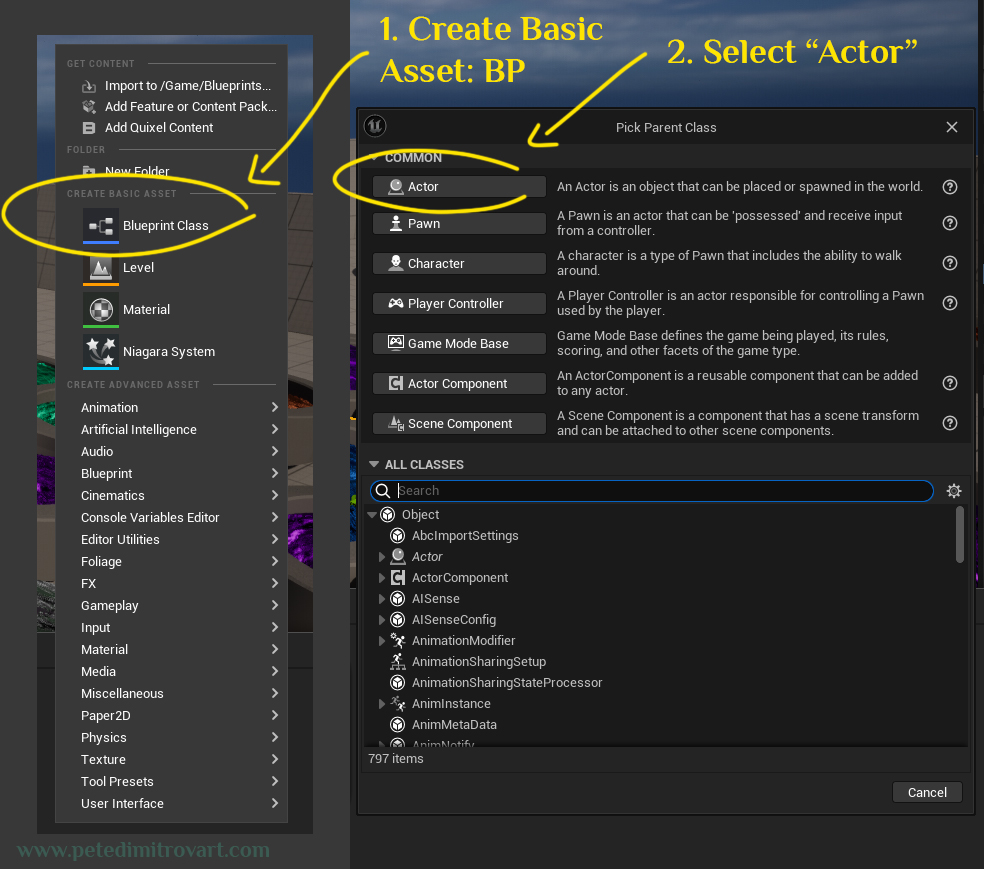 Two UE5 screenshots put next to one another. First one is context menu for creating new asset, with the “Blueprint Class” blue icon circled. Second is the window that pops up on the screen after clicking on the context menu. Its a list with common type of blueprint classes. The top one, “Actor” is circle, thats the one we want to create.