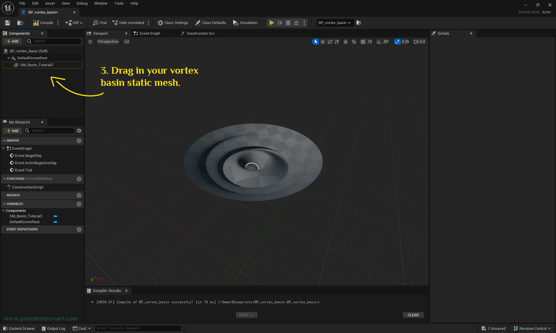 UE5 blueprint screenshot. Yellow arrow points where to drag the static mesh from the project into the blueprint.