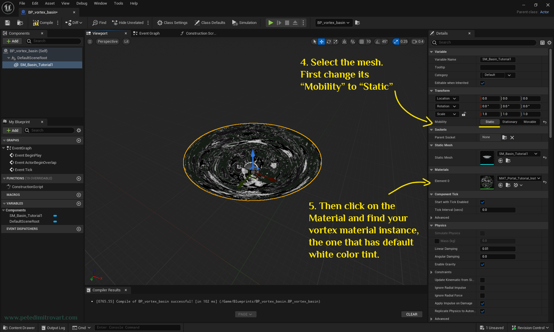 Another UE5 screenshot. This one shows changing the mobility of the asset and changing the material from the gray one to a black and white polar coordinates one.