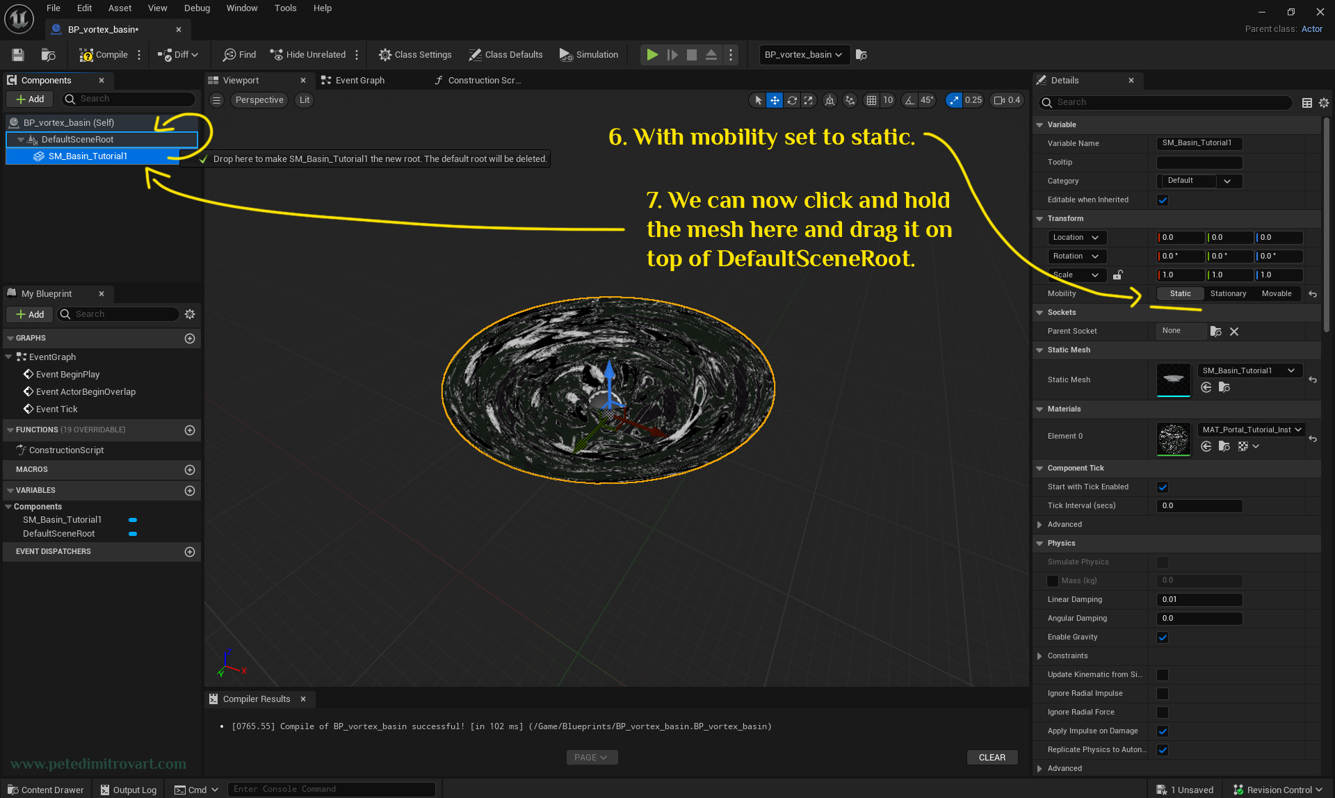 Screenshot showing selecting and dragging the static mesh of the vortex, in the hierarchy list of the blueprint on the left. The mesh is dragged on top of its parent that goes by the name “DefaultSceneRoot”.
