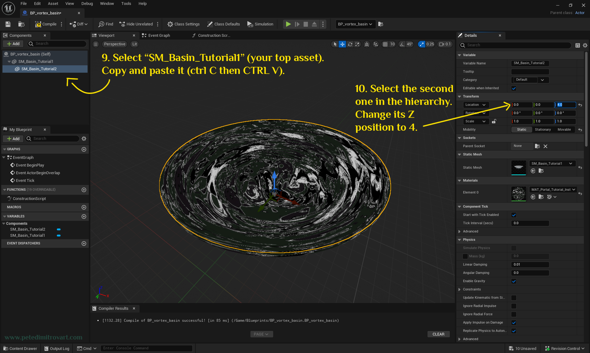 Screenshot looking at the hierarchy (Components) window to the left. It shows copying the basin static mesh to get a secondary copy. After selecting it, an arrow points on the right Details panel where we change the Z (blue axis) position value from 0 to 4.