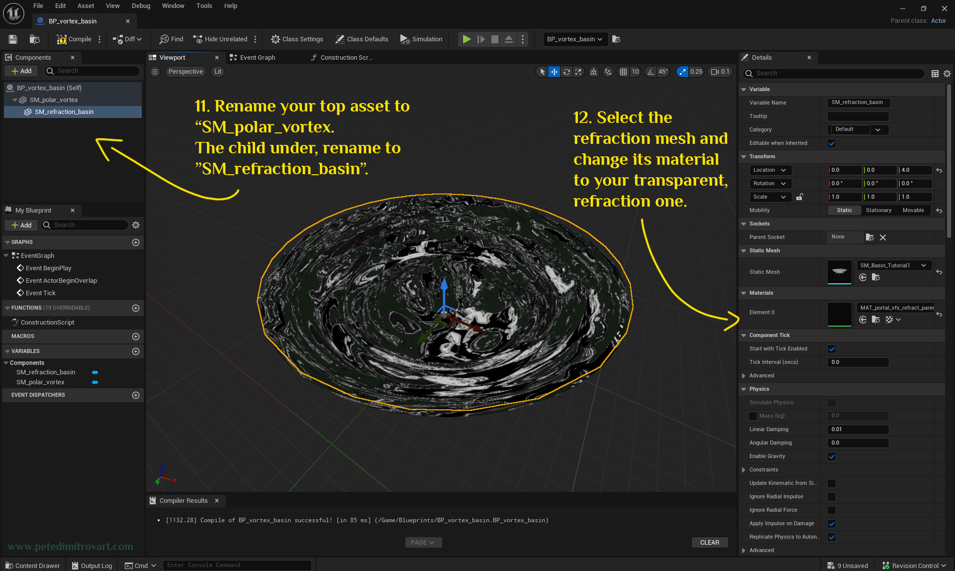 Another UE5 screenshot that shows us selecting the top asset on the left window and renaming it. Then selecting the child under it and renaming that too. From the right side panel, we change the Material of the child actor to a refraction material. Yellow text and the renames are transcribed in the paragraph above.