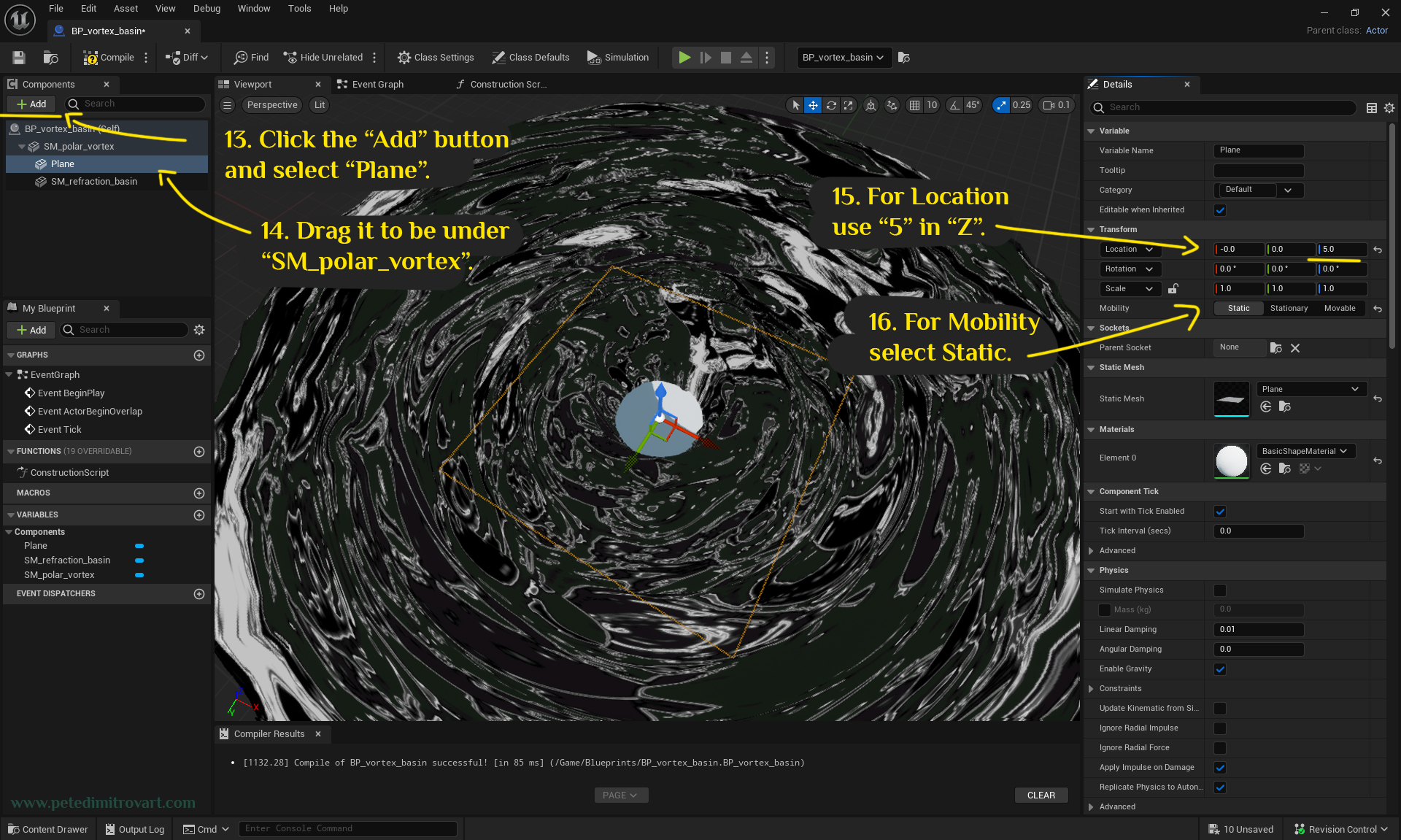 Image showing zoomed in look at the vortex basin. There is a new plane added right in the middle, that has white placeholder material. Arrows run us through clicking on “Add” on left top corner. Then dragging the newly added plane to the correct place and finally changing its settings.