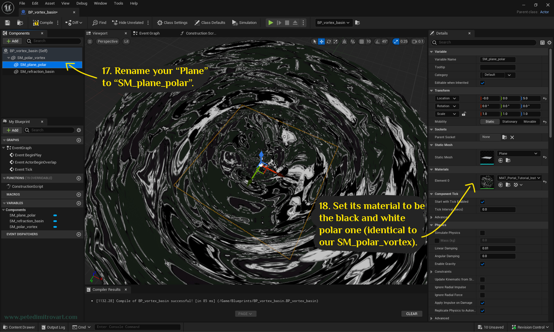 Same zoomed image as before but now the white plane in the middle has the same polar coordinates gray material as the mesh around it. Arrows point to changing the name of the plane and then to changing its material on the right side of the UI.