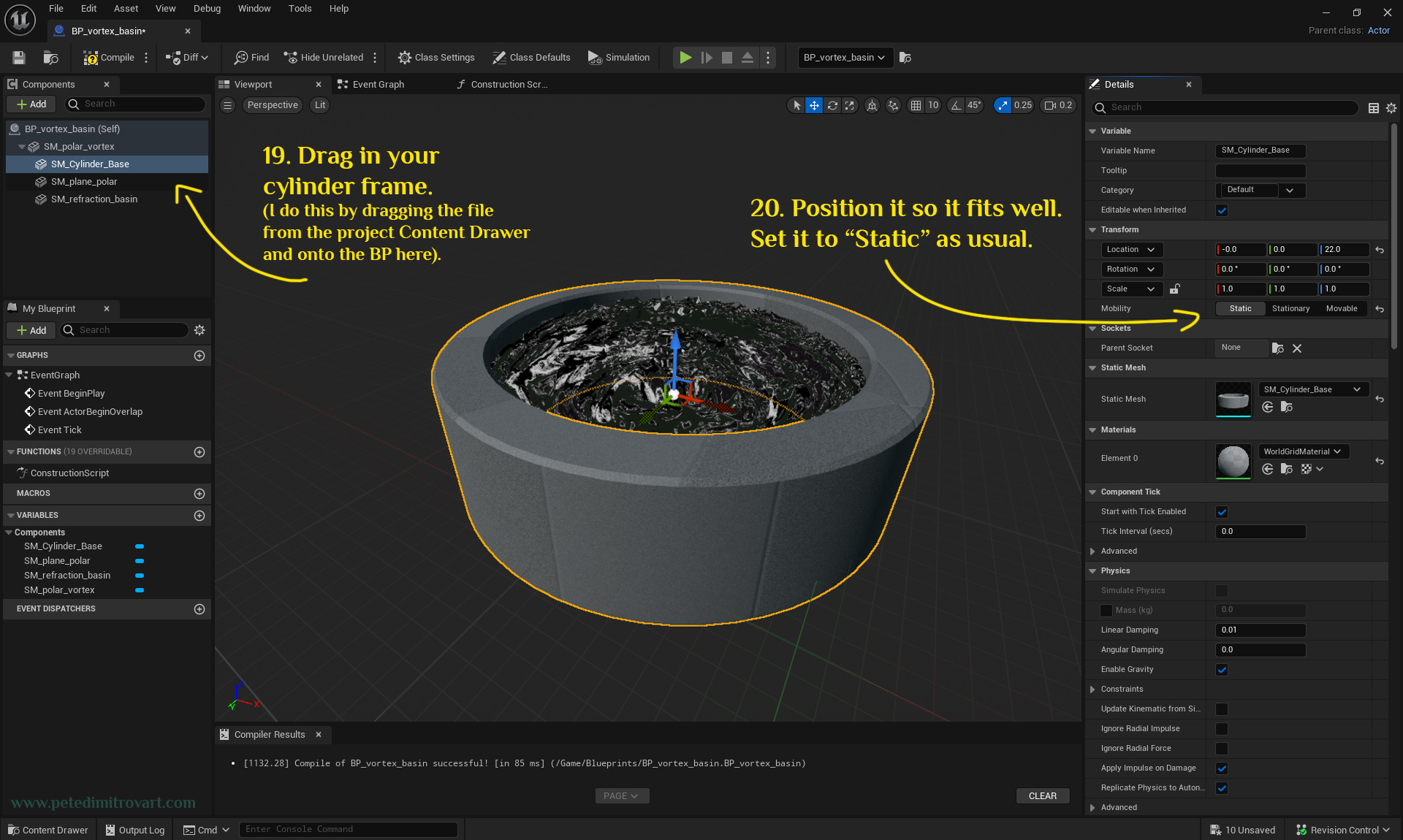 Shot looking at the blueprints component a bit from a far. Now there is a cylinder frame encompassing the polar vortex. Arrow on the left shows where we place this new component. Arrow on the right shows where to change from “Movable” to “Static” mobility setting.