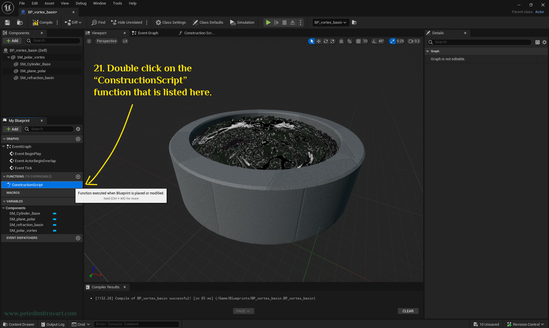 Another image looking at the blueprint viewport. Arrow points to a “FUNCTIONS” tab that is expanded. In it there is “ConstructionScript” that is double clicked.