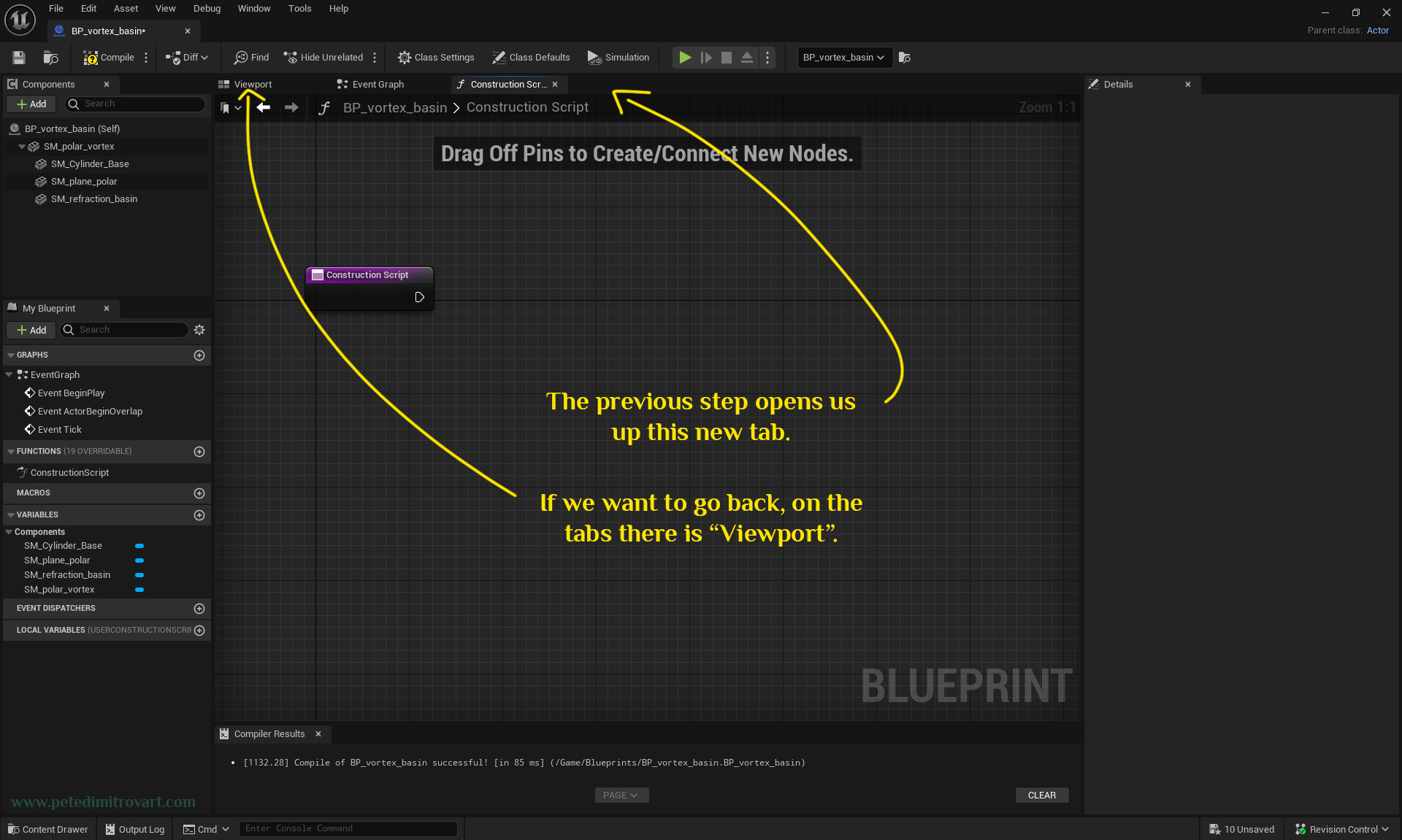 Newly opened construction scrip tab inside the blueprint. Shows a mostly empty nodes board on which there is only a purple construction script node. Arrows point at the UI elements for changing between the different blueprint tabs.