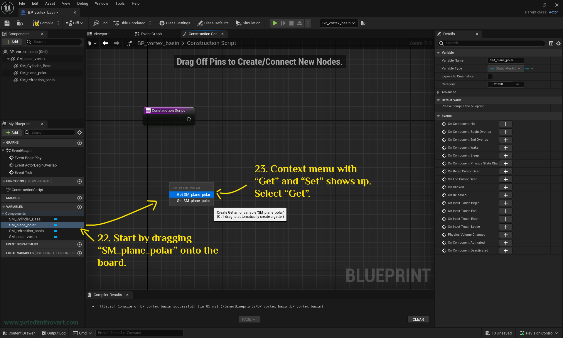 Image pointing at where to look for the “SM_plane_polar” component and how to drag it, then opening a new little sub context menu with “Get” and “Set”. “Get SM_plane_polar” is selected (colored in blue).