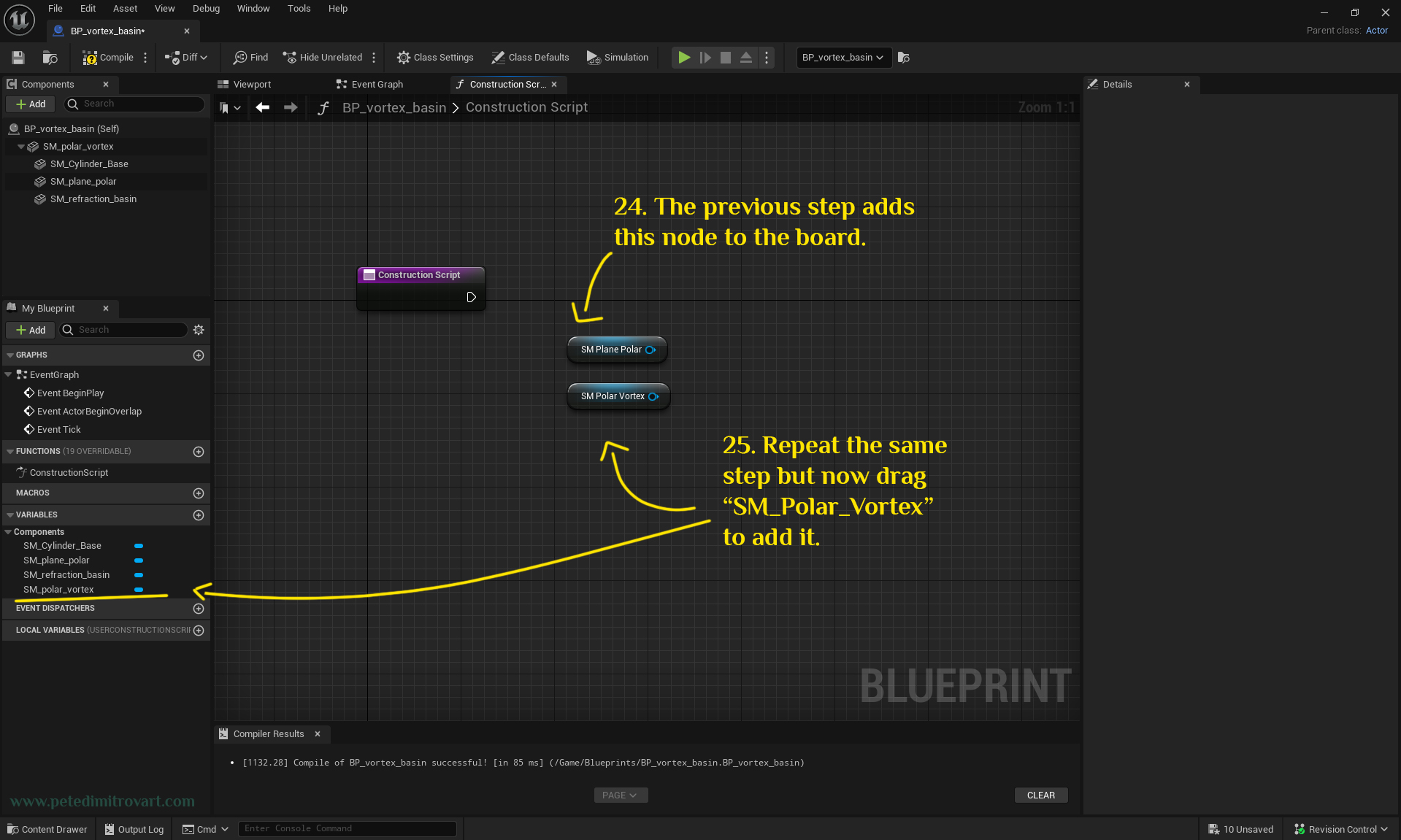 Screenshot showing what we added from the last step - a blue node. Then an arrow points to the left hand side where we drag another component onto the board and we get a second blue node, below the previous one. This second one is called “SM Polar Vortex”. 