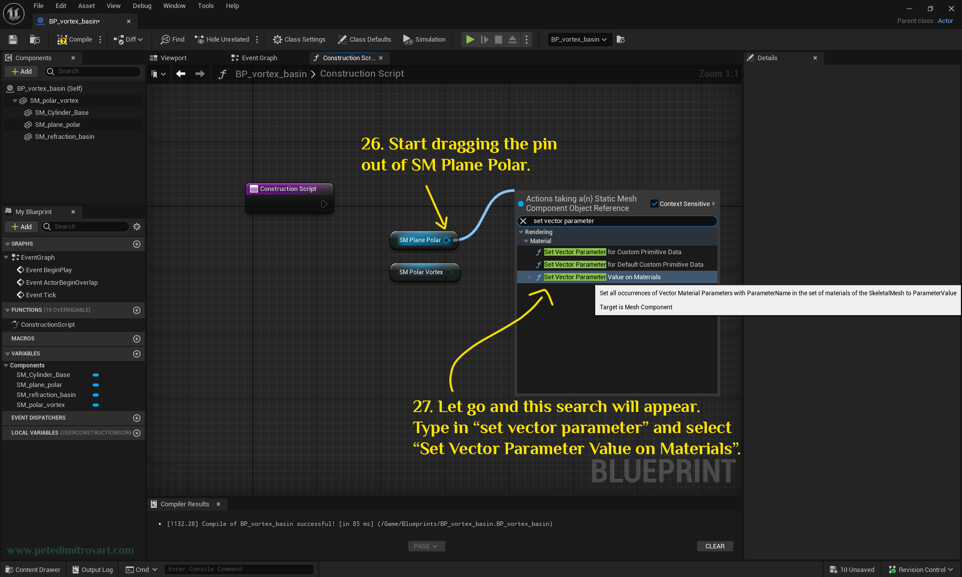 Imagine showcasing dragging out of the blue top pin. A long list opens with a search on the top. In that search we’ve typed “set vector parameter” and right by the end of the list, partially in green highlighter color, “Set Vector Parameter Value on Materials” shows up. Image shows us clicking on it to add it.