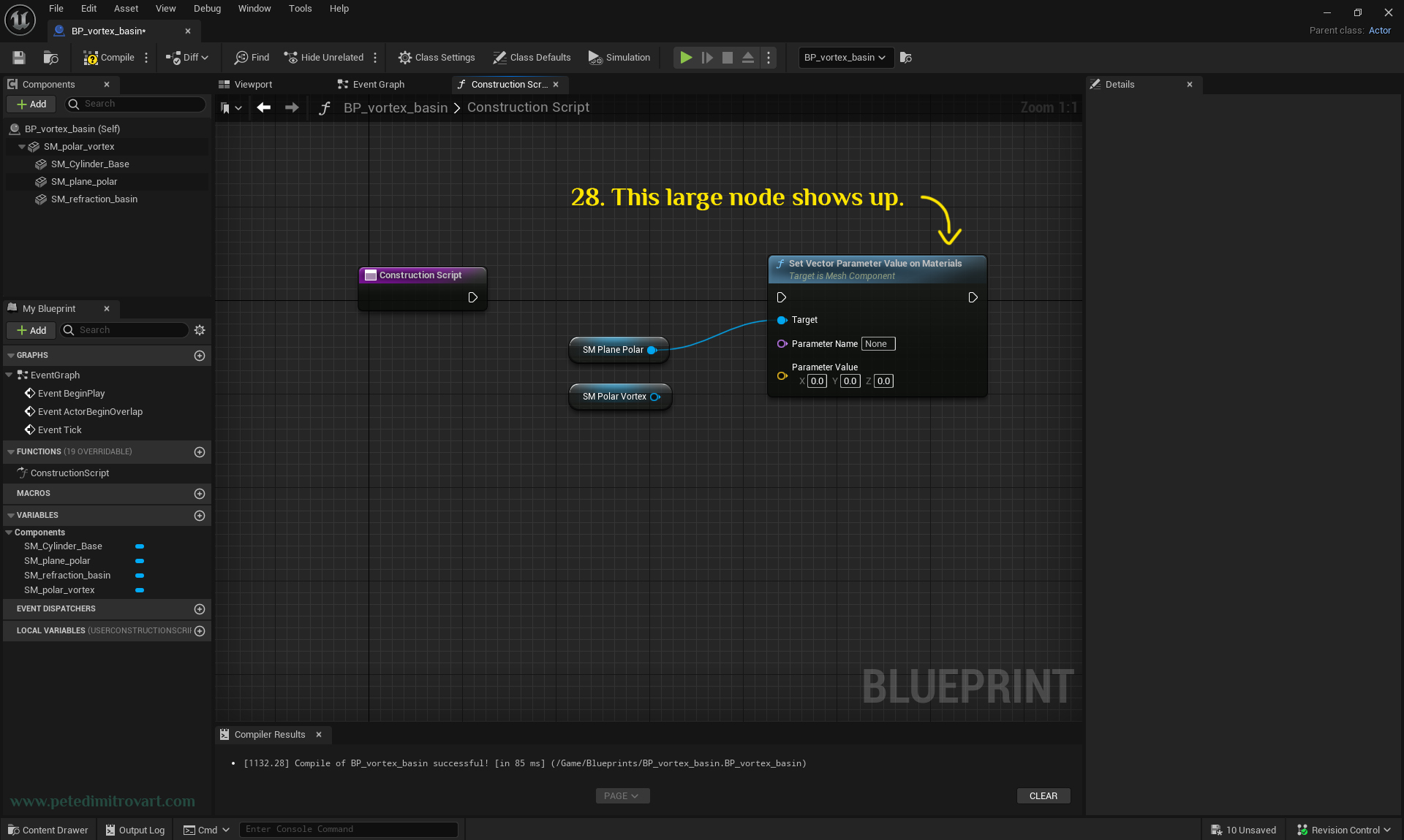 A screenshot showing the purple construction script node. On its right there is now a new, large node, added from last step. That node reads “Set Vector Parameter Value on Materials” and has a “Target” connected to one of our blue pins.