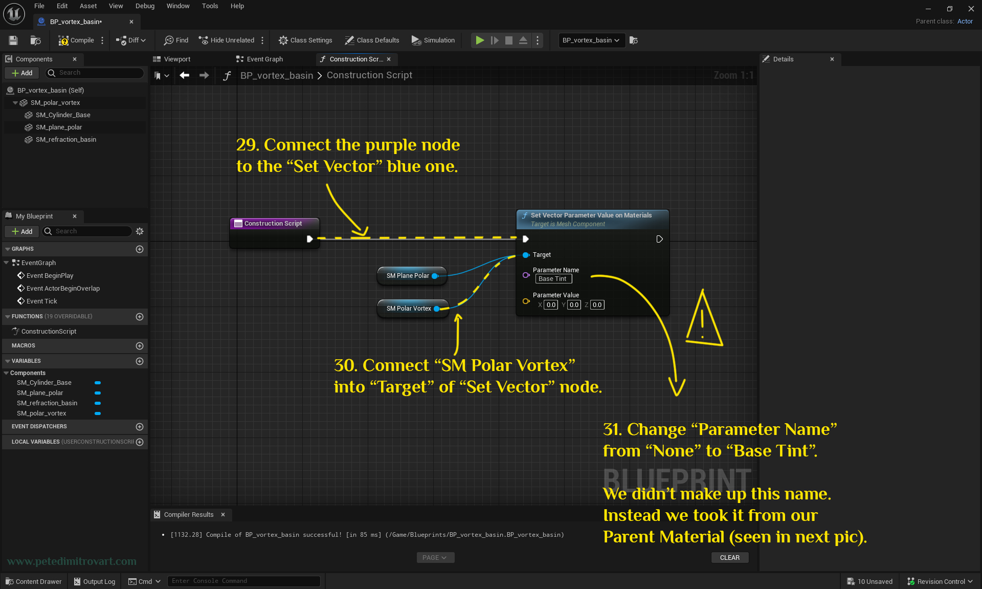 Image showing us connecting the left side, purple, construction script node into the large, “Set Vector” node. Then an arrows points on connecting the node called “SM Polar Vortex” into “Target” input of “Set Vector” large node. An arrow next to a warning sign then shows to change “Parameter Name” to “Base Tint”. The warning is transcribed in the sentences above this image.