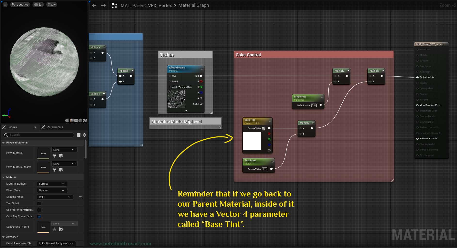 Screenshot back from a Material Editor Graph of a parent material. In the middle we can see a color node “vector 4”. The name on it is “Base Tint”. This image is taken from the tutorial part that covered making the polar coordinates parent material.