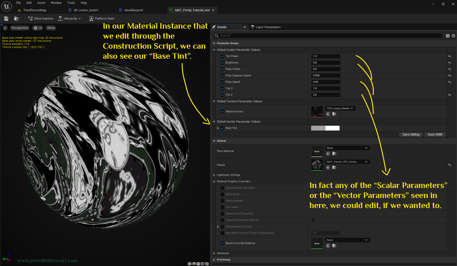 Another screenshot, this time with a “Material Instance” asset open. On the left we see a ball shader preview. On the right we see a list of parameters. Text is transcribed above.