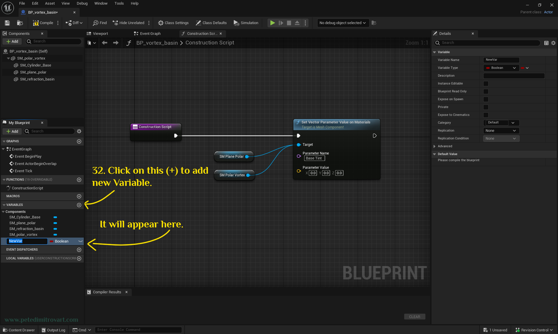 We are back to the blueprint construction scrip board and this image showcases it. An arrow to the left points at a plus sign next to “VARIABLES”. Clicking it starts making a new variable that by default has red color that indicates a Boolean type.