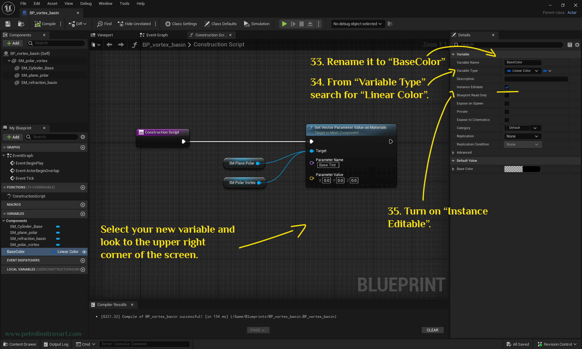 UE5 screenshot that has an arrow pointing to the right hand panel. In that side are lots of settings like variable name, variable type, and others. We tweak those as described above.