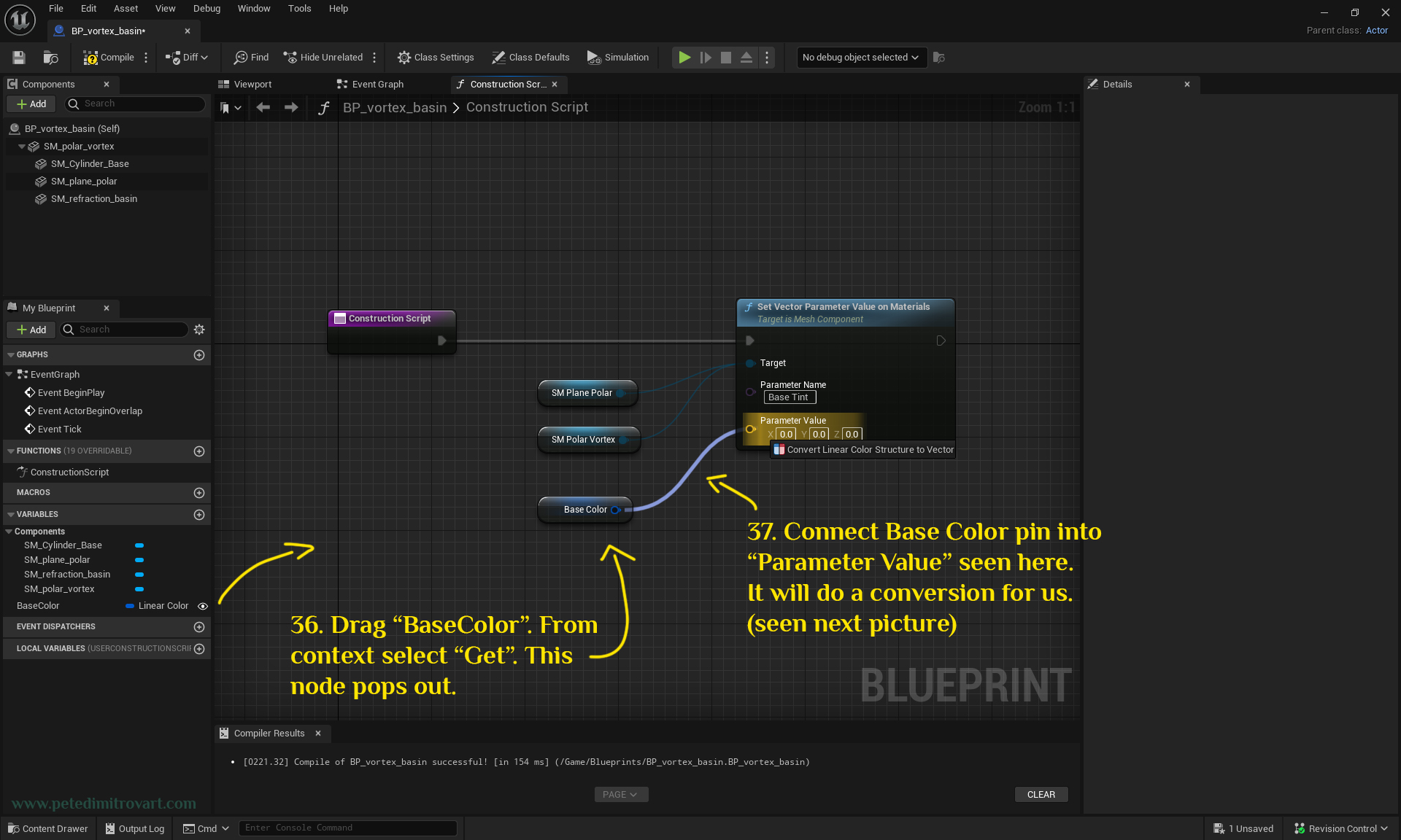 Screenshot that shows the result of Base Color dragged onto the board - a dark blue Base Color pin shows up. The image then shows us dragging its pin out and connecting it into the “Parameter Value” of “Set Vector” large node. With that a little text appears, with a red and blue icon, that says “Convert Linear Color Structure to Vector”.