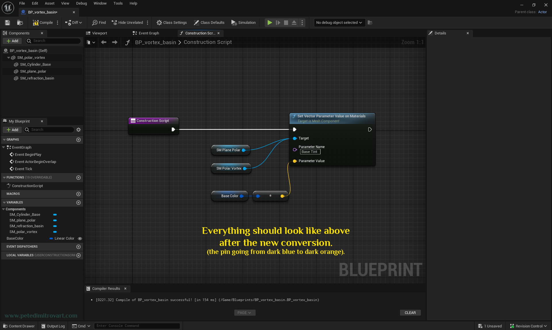 Blueprint board screenshot that shows our nodes work so far. Our dark blue node called Base Color connects into a dark orange conversion node that has no name visually. That then connects into Parameter Value of the large node “Set Vector Parameter…”.