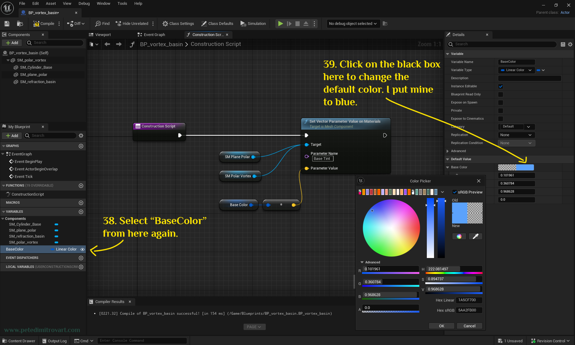 Another screenshot that now shows the Base Color selected and its right hand side settings change. The black box there is clicked and then change to a bright blue color, using a color picker seen in the image.