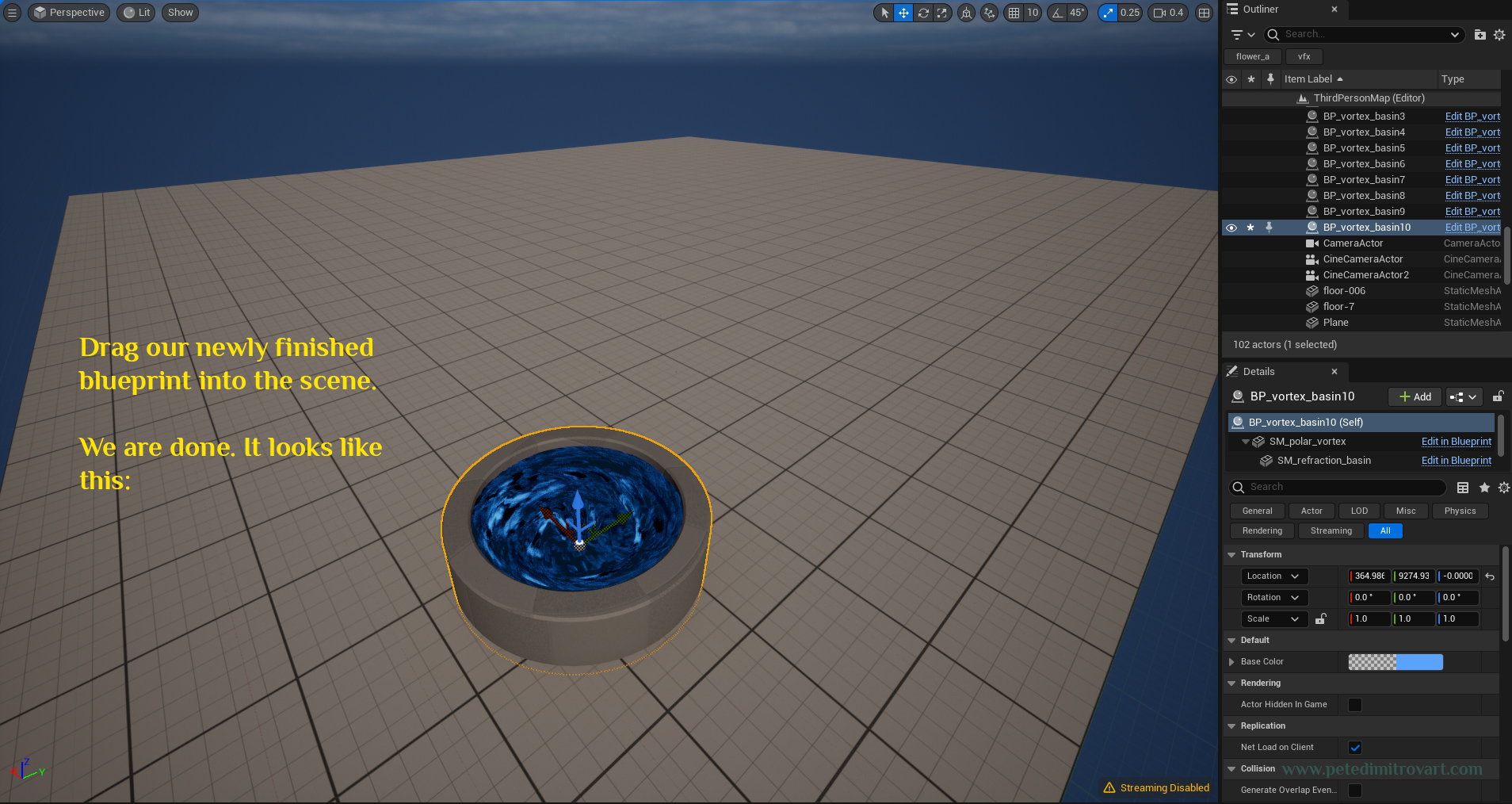 A screenshot that shows a viewport looking at a blank UE5 level that comes with the default skybox, volumetric clouds and a plane with checkerboard material. In one corner, closest to the camera we have dragged in our newly created blueprint. It looks like a blue vortex.