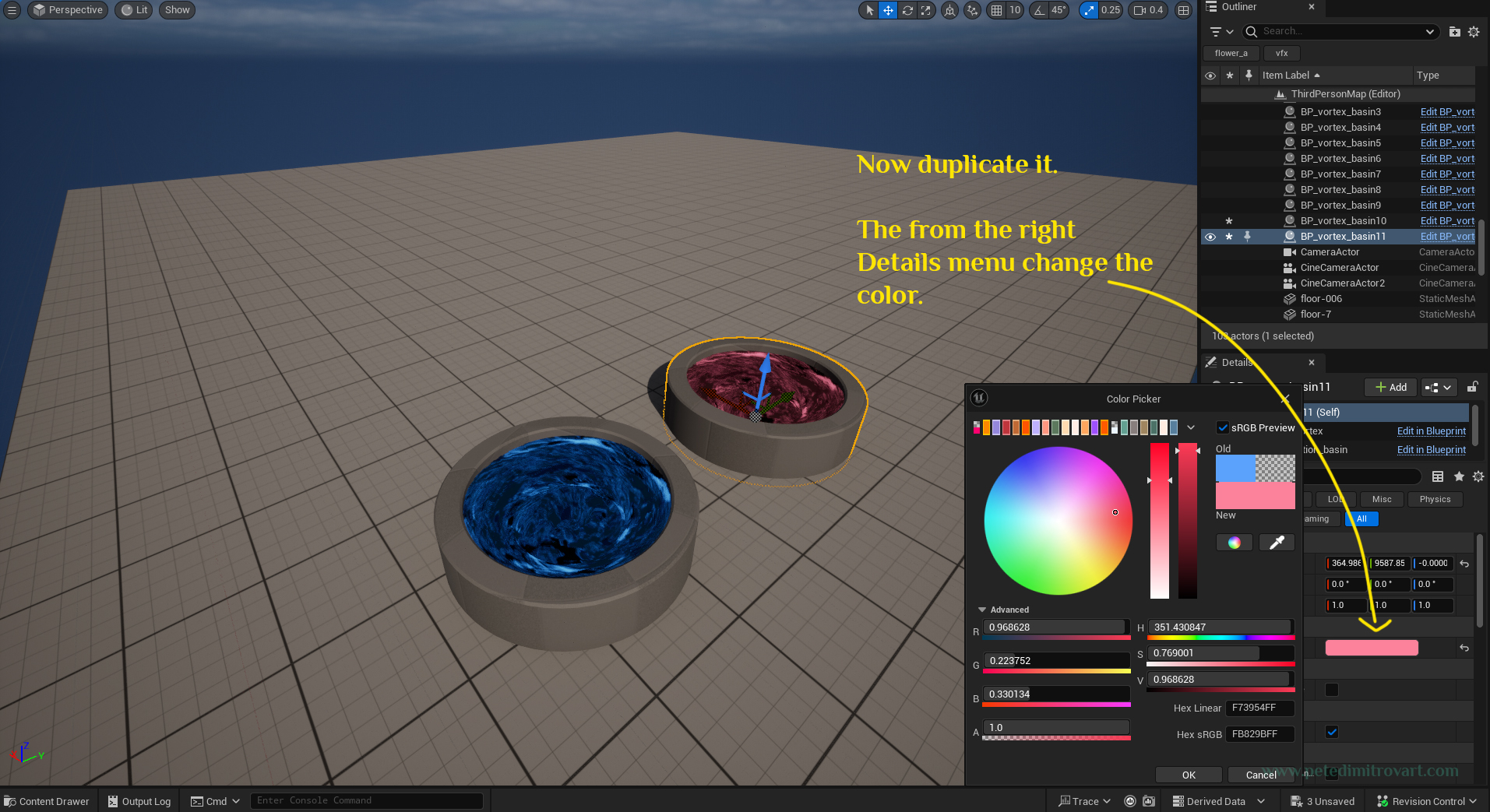 Image that has identical to before subject and angle. Now next to the blue vortex blueprint that is out in the world, there is a secondary one. This secondary one has its Base Color blueprint variable changed to a pink, red color. That is reflected in the world too, where the material instance used on that dynamically has changed to the same shade of red.