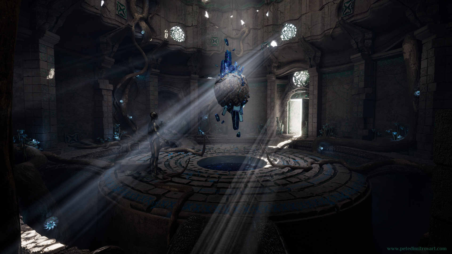 Another UE5 screenshot. This time its the main camera angle where to the right is the ajar door spilling daylight in an otherwise dark interior space. In the middle, above the circular platform, a crystal floats. Beneath it the basin is empty and there is no VFX yet. The roots crawling around the walls have pod-like, white flowers.