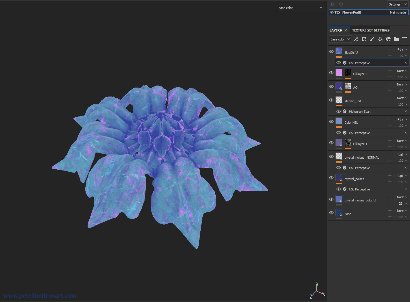 Substance Painter screenshot. Shows the mesh of the flower. On top is Base Color texture view, showing the flower colored in a cyan, bright blue color. UI to the right shows the Painter layer stack.