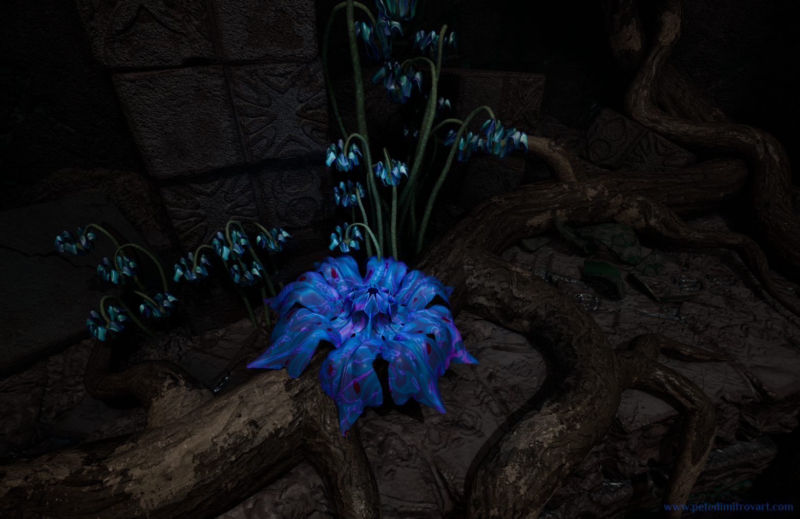 Close up from UE5 showing one of the new, large flowers, surrounded by snowdrop smaller flowers. The new flower is way too bright and looks almost emissive (although it isn’t).