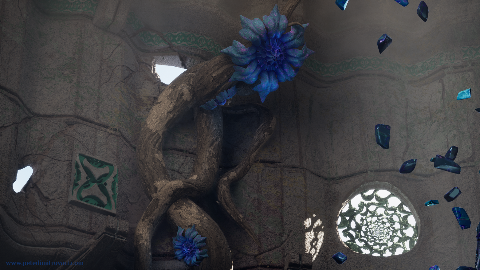 Another beauty shot that now looks upwards to the ceiling where a root system has broken through the walls. From it grows one of the largest petals in the scene. It looks directly towards the crystal orb.