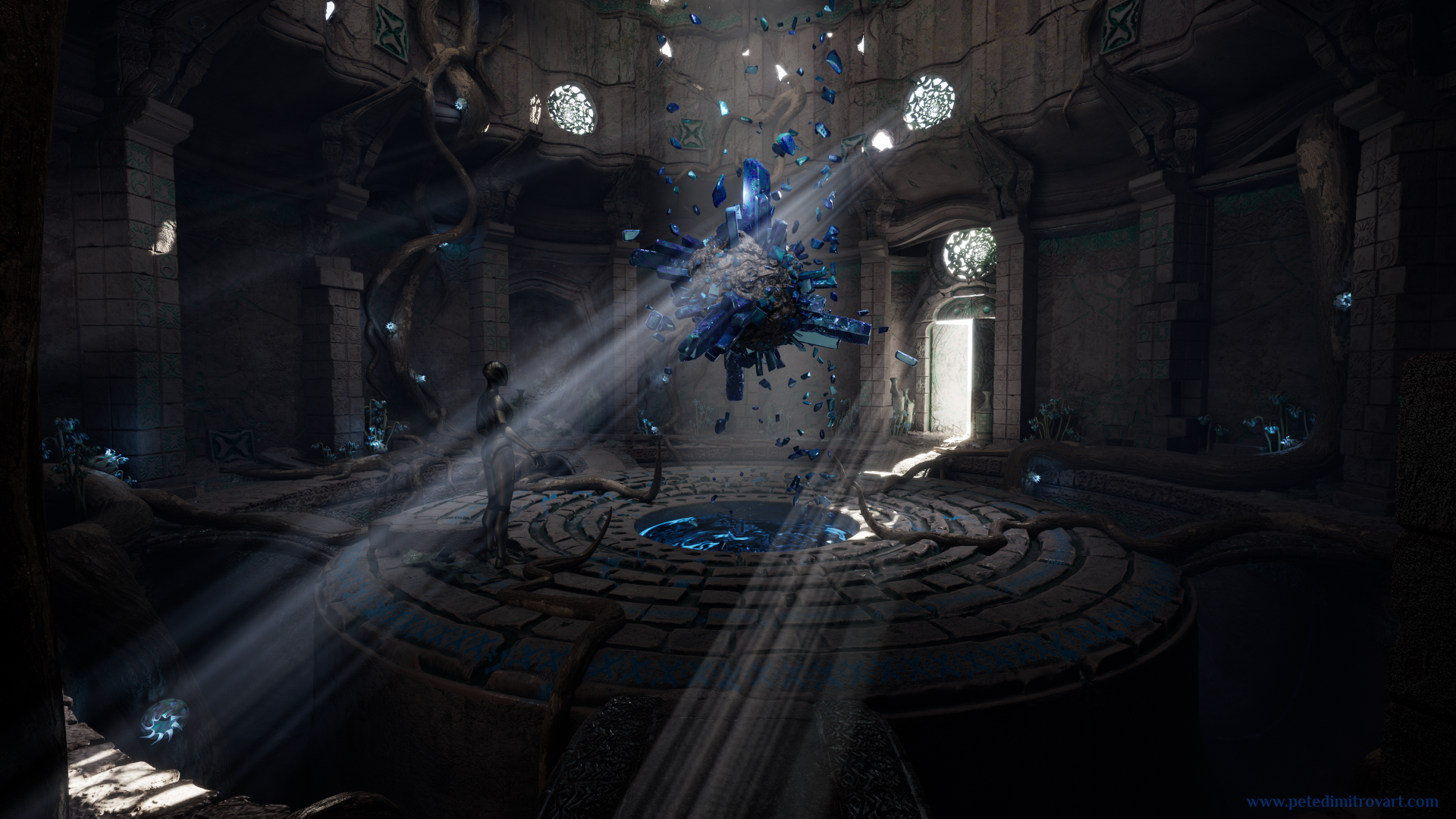 Screenshot from the main camera angle. Shows the crystal prop duplicated and rotated multiple times, creating an “explosion” of crystals. Or a “biblically accurate crystal” as I described it before. It’s pieces are floating in the middle of the room, right above the central circular platform.