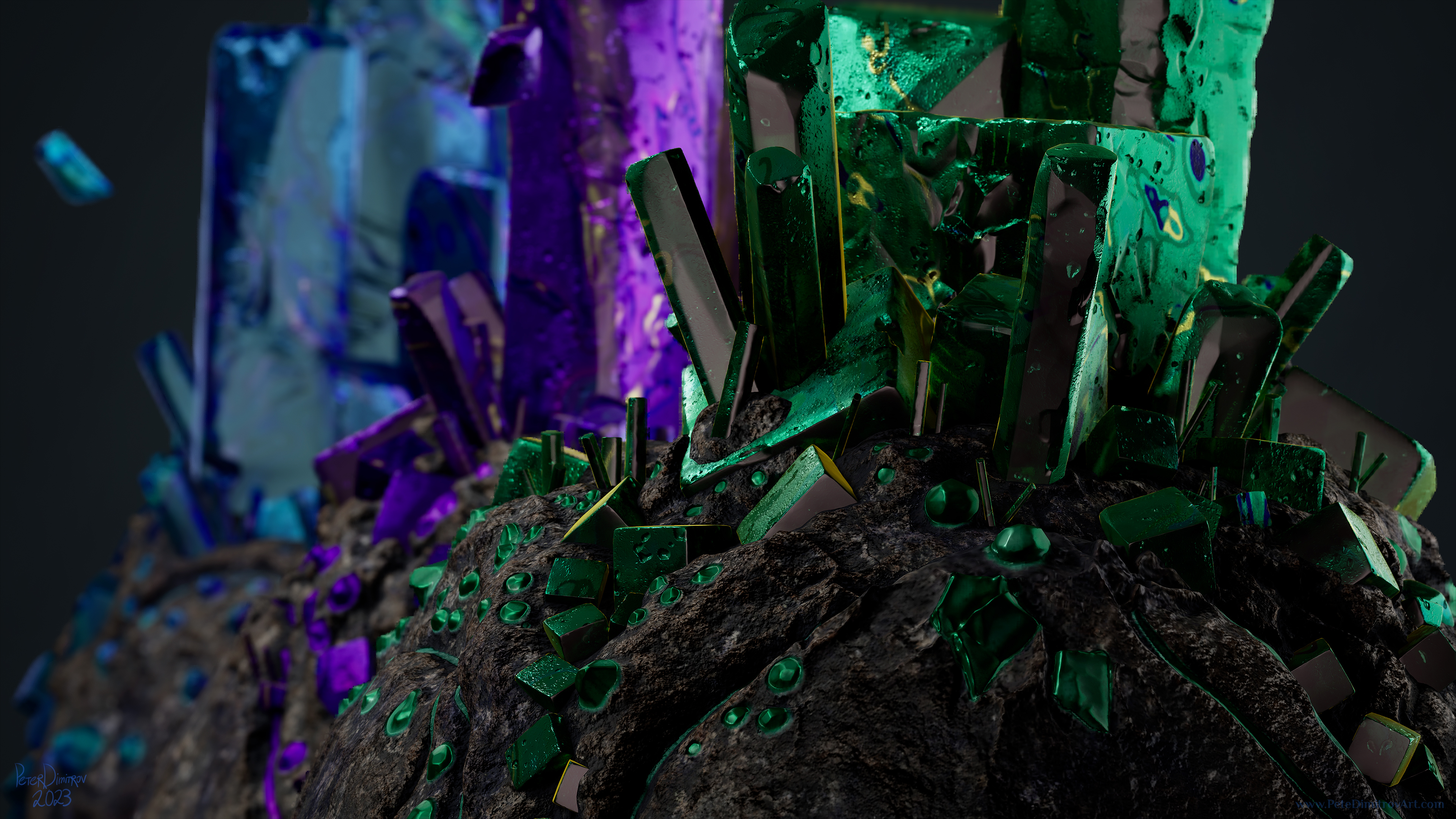Close up screenshot. Shows rendering of the crystal prop, duplicated three times. In the foreground, in a cinematic focus, is the green version of it. Behind is purple and blue which are blurred in a dramatic way.