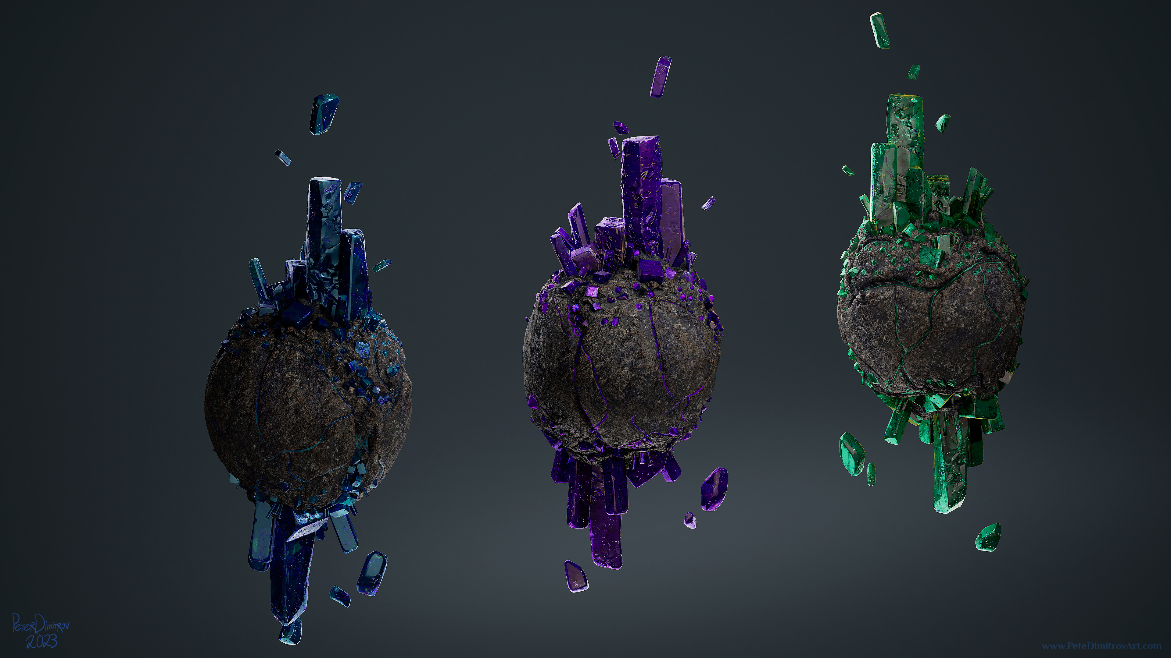 Unreal 5 screenshot with a distant, slightly orthographic camera. Showcases three crystals. Each is a floating rock orb with shards attached on each pole. First one is blue in color, second purple and final one is green.